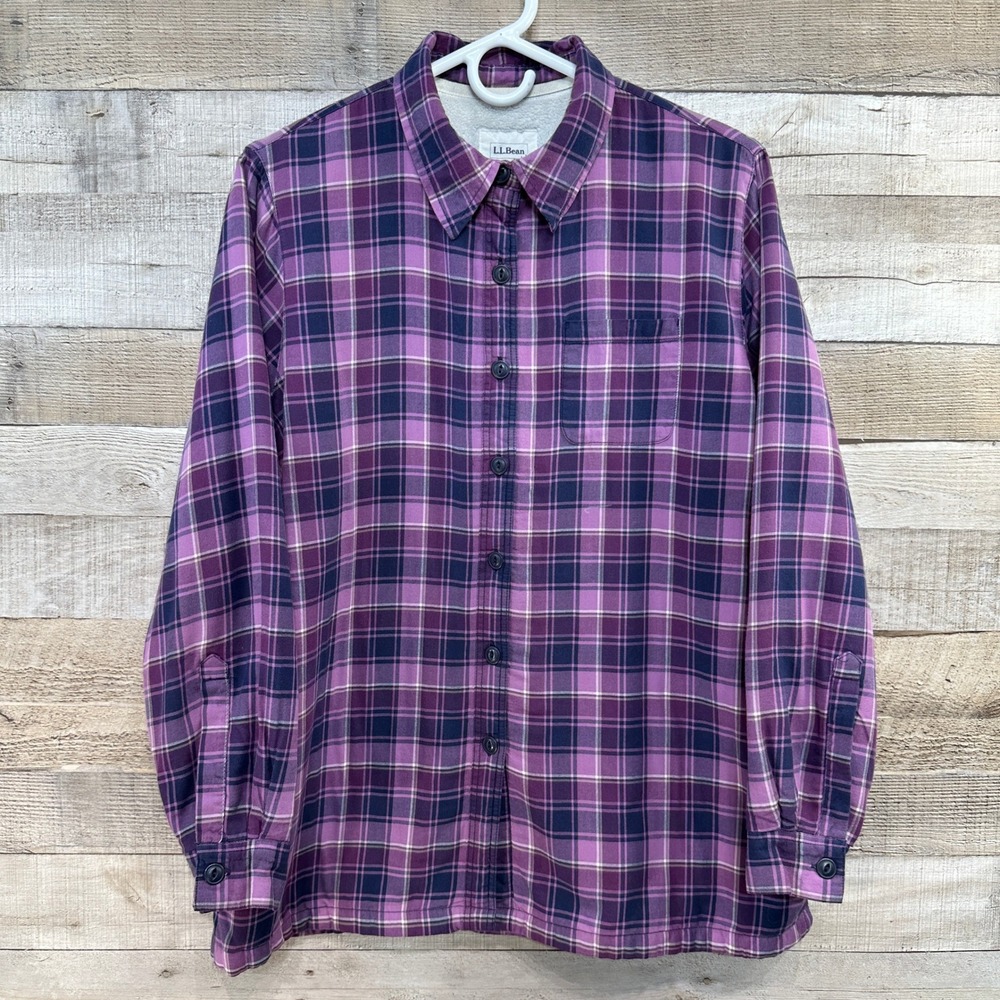 LL Bean Womens Purple Navy Plaid Fleece Lined Flannel Shacket Shirt Jacket M